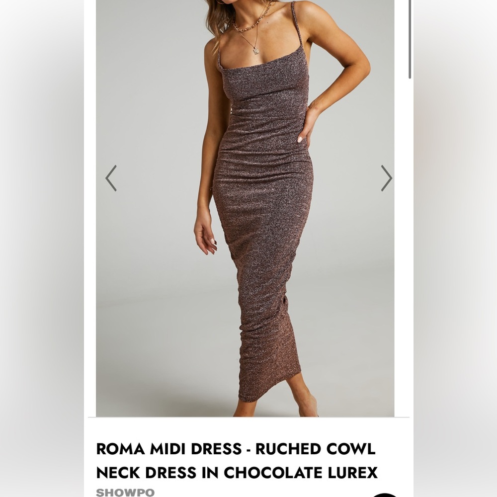 ROMA MIDI DRESS - RUCHED COWL NECK DRESS IN CHOCOLATE LUREX - SHOWPO - Size 8